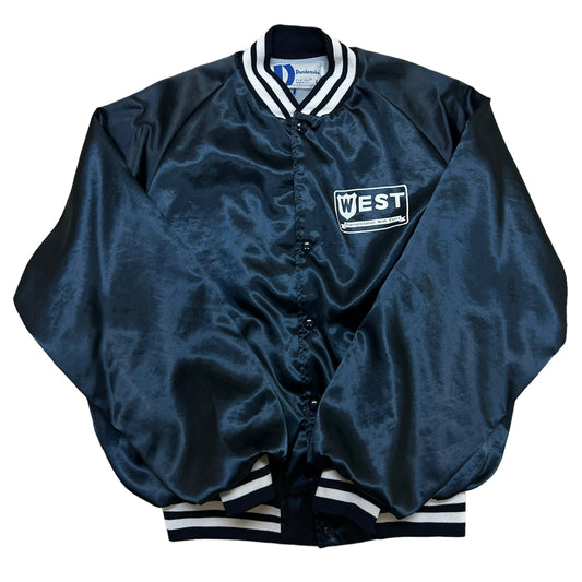 Vintage 1990s WEST “Transportation With Class” Navy Blue Satin Varsity Style Jacket - Size Large (Fits M/L)
