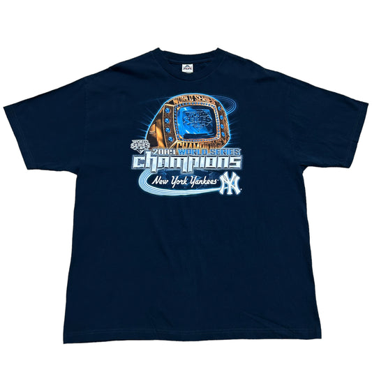 Y2K New York Yankees 2009 World Series Championship Ring Navy Blue Graphic T-Shirt - Size XXL