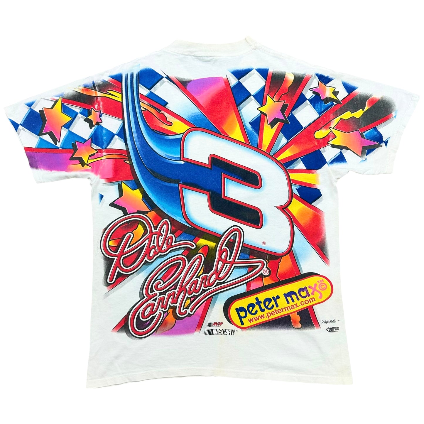 Early 2000s Dale Earnhardt/Peter Max “Maximum Velocity” White All Over Print Graphic T-Shirt - Size Medium (Fits L/XL)
