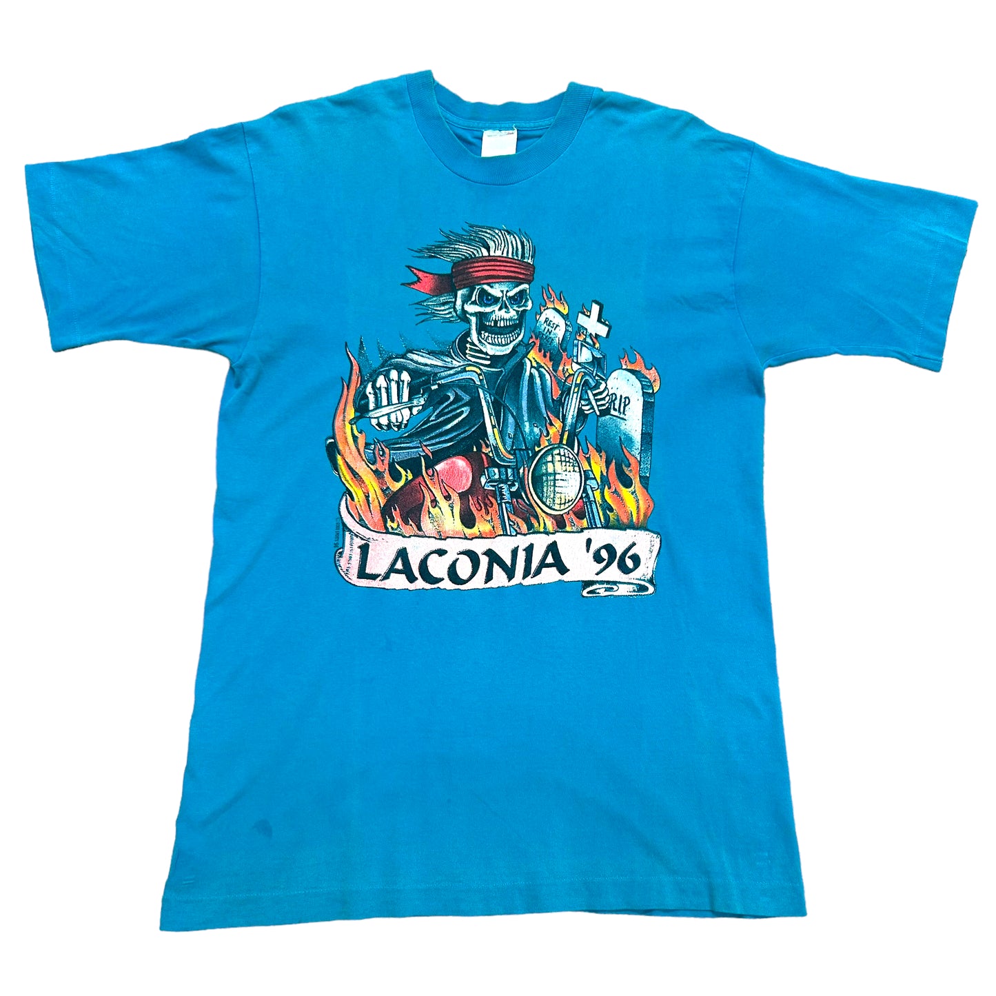 Vintage 1990s Laconia, NH Motorcycle Rally 1996 Blue Graphic T-Shirt - Size Large