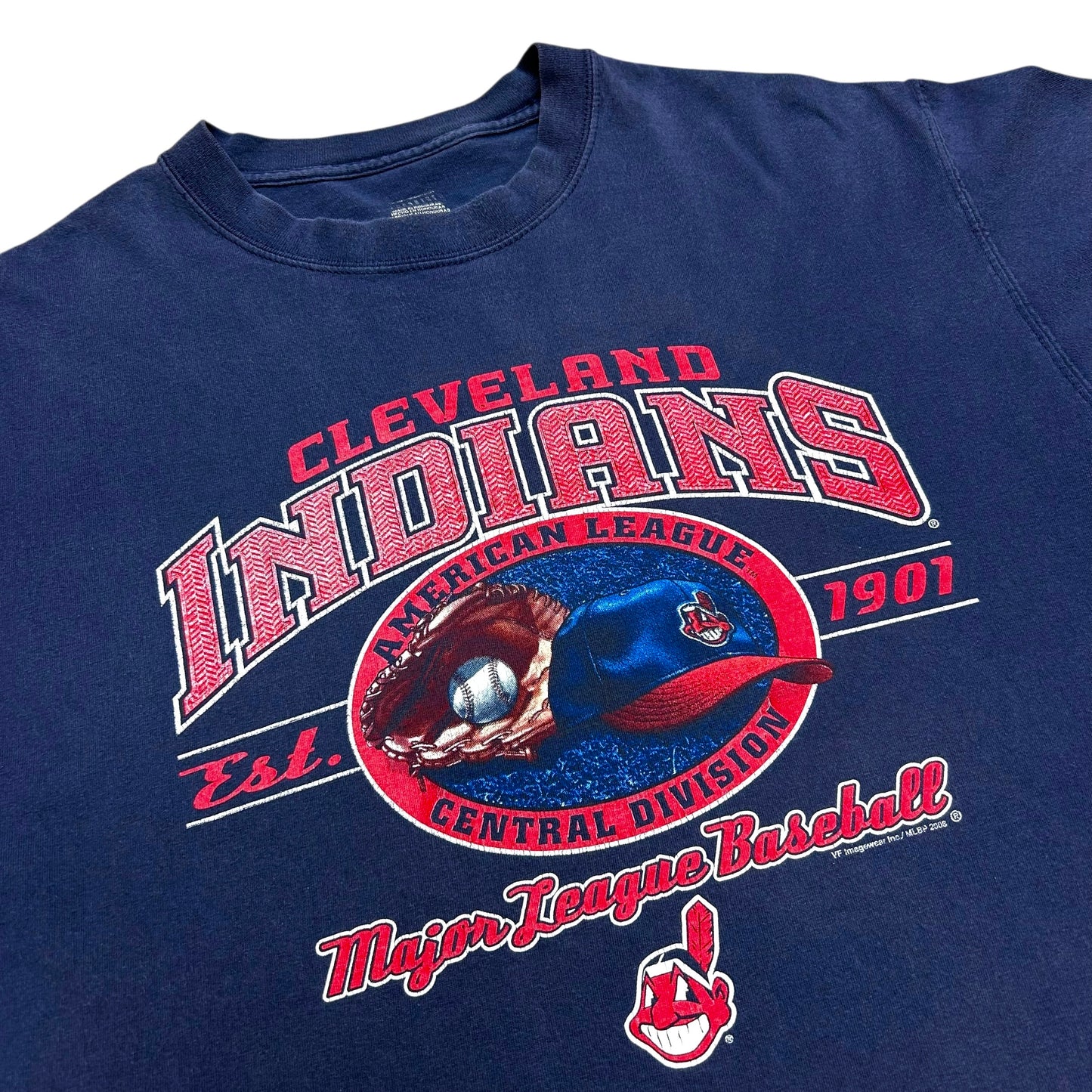 Late 2000s Cleveland Indians Baseball Navy Blue Graphic T-Shirt - Size Large (Boxy Fit)