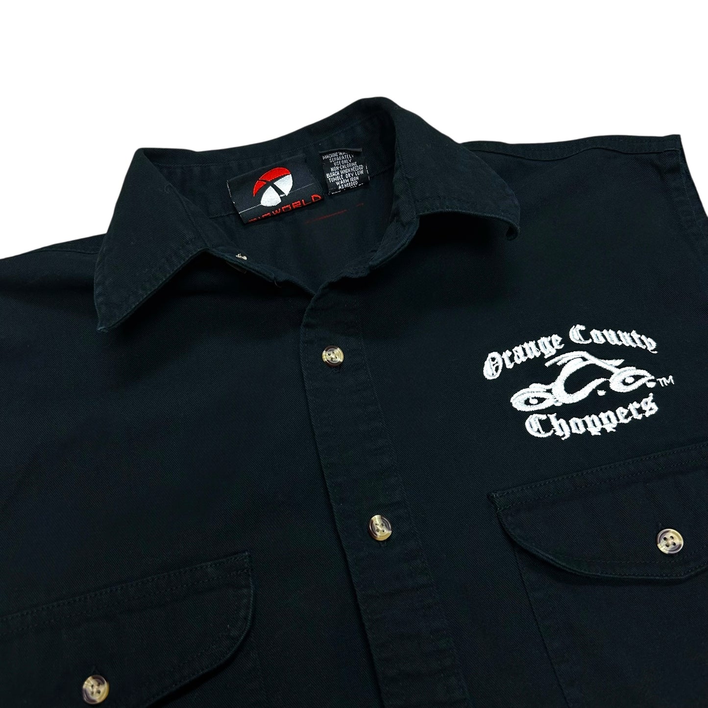 Late 2000s Orange County Choppers Black Embroidered Cut-Off Collared Shirt - Size Medium (Fits M/L)