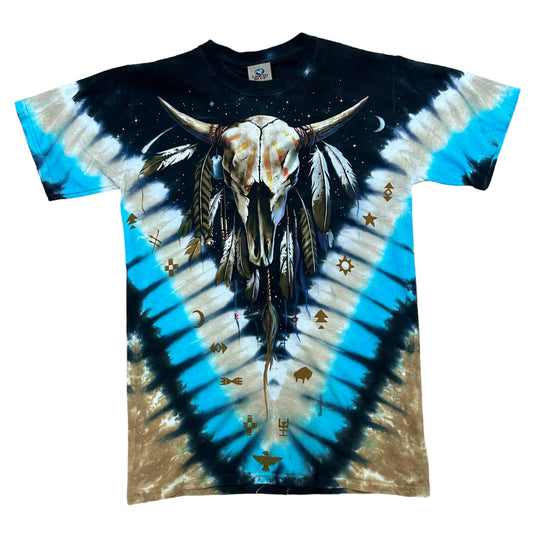 Vintage Y2K Liquid Blue Buffalo/Cow Skull Tie Dye Graphic T-Shirt - Size Small