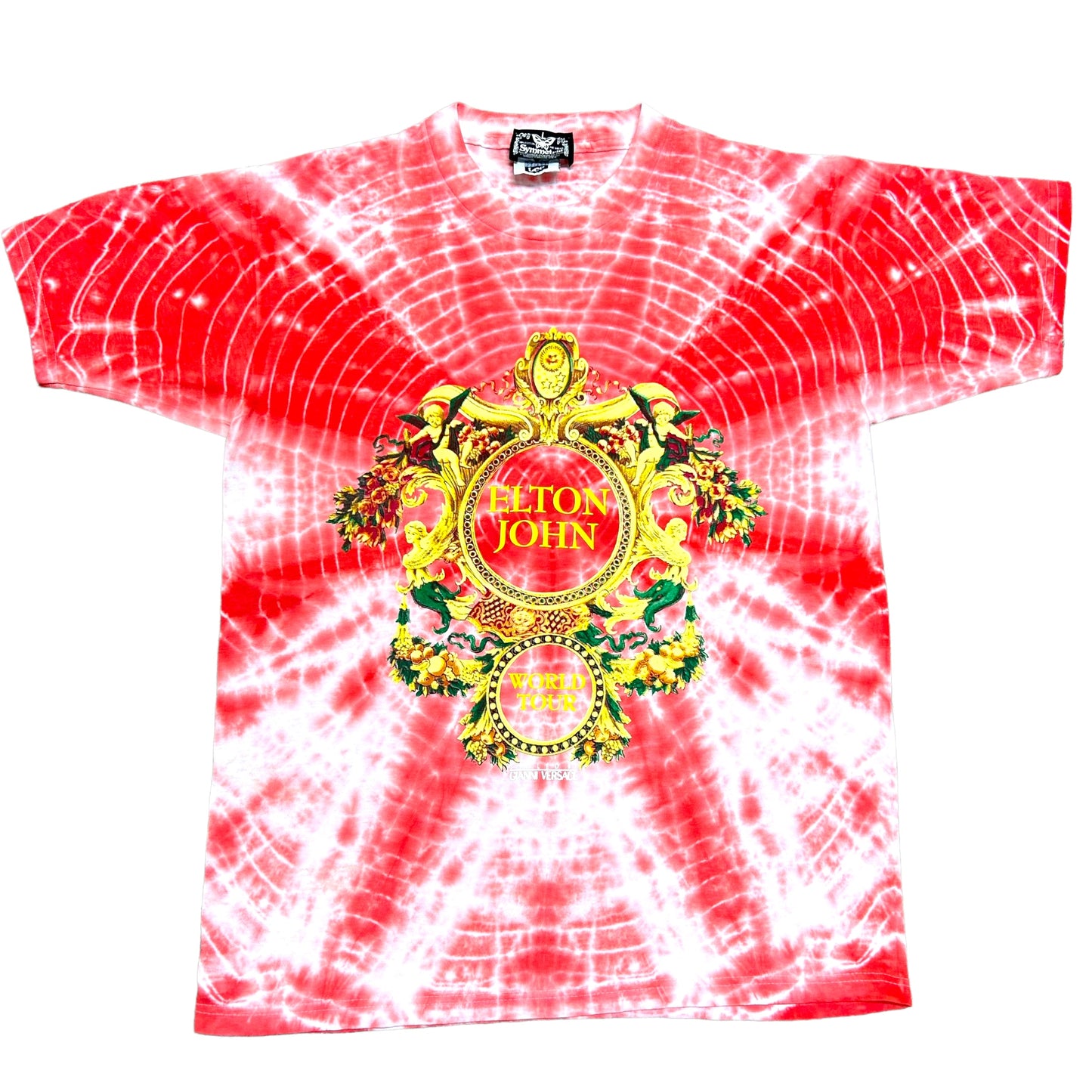 Vintage 1990s Elton John World Tour Styled By Versace Red Tie-Dye Graphic T-Shirt - Size Large