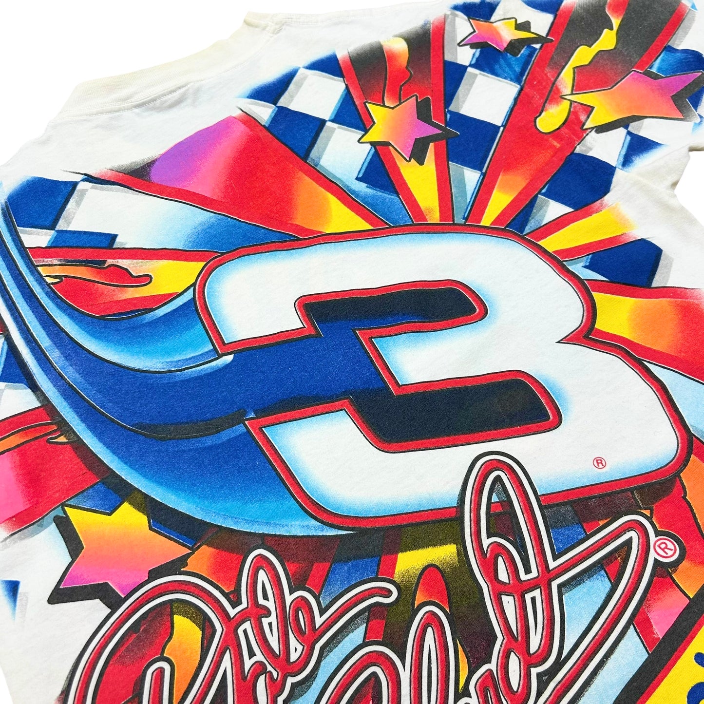 Early 2000s Dale Earnhardt/Peter Max “Maximum Velocity” White All Over Print Graphic T-Shirt - Size Medium (Fits L/XL)