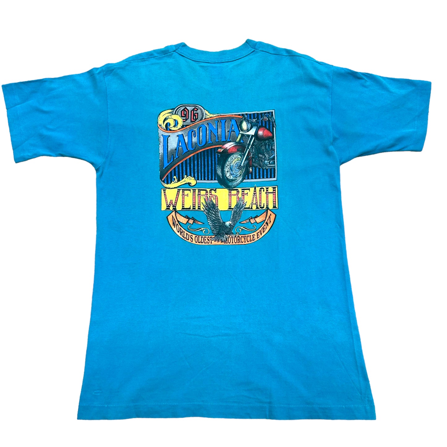 Vintage 1990s Laconia, NH Motorcycle Rally 1996 Blue Graphic T-Shirt - Size Large