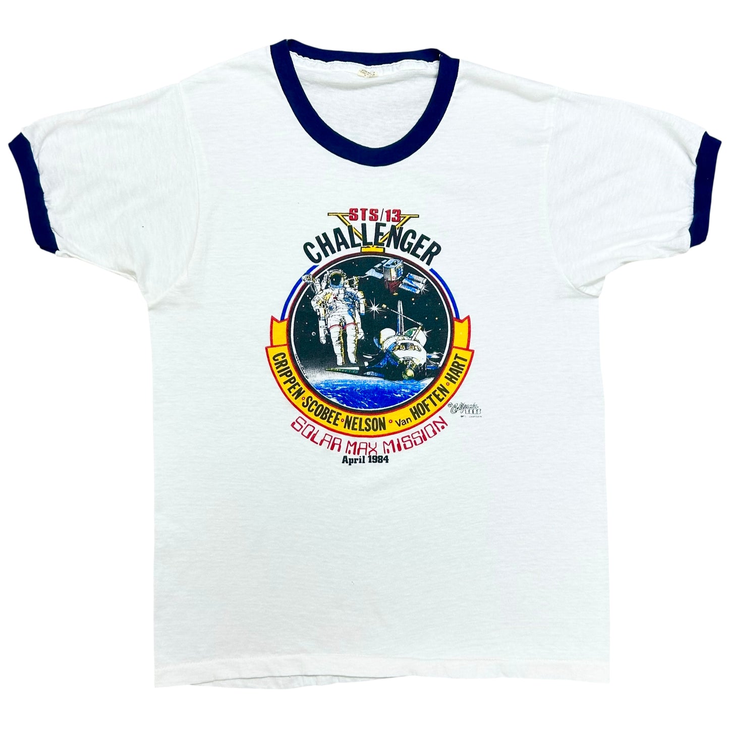 Vintage 1980s Challenger Space Shuttle White Ringer T-Shirt - Size Large