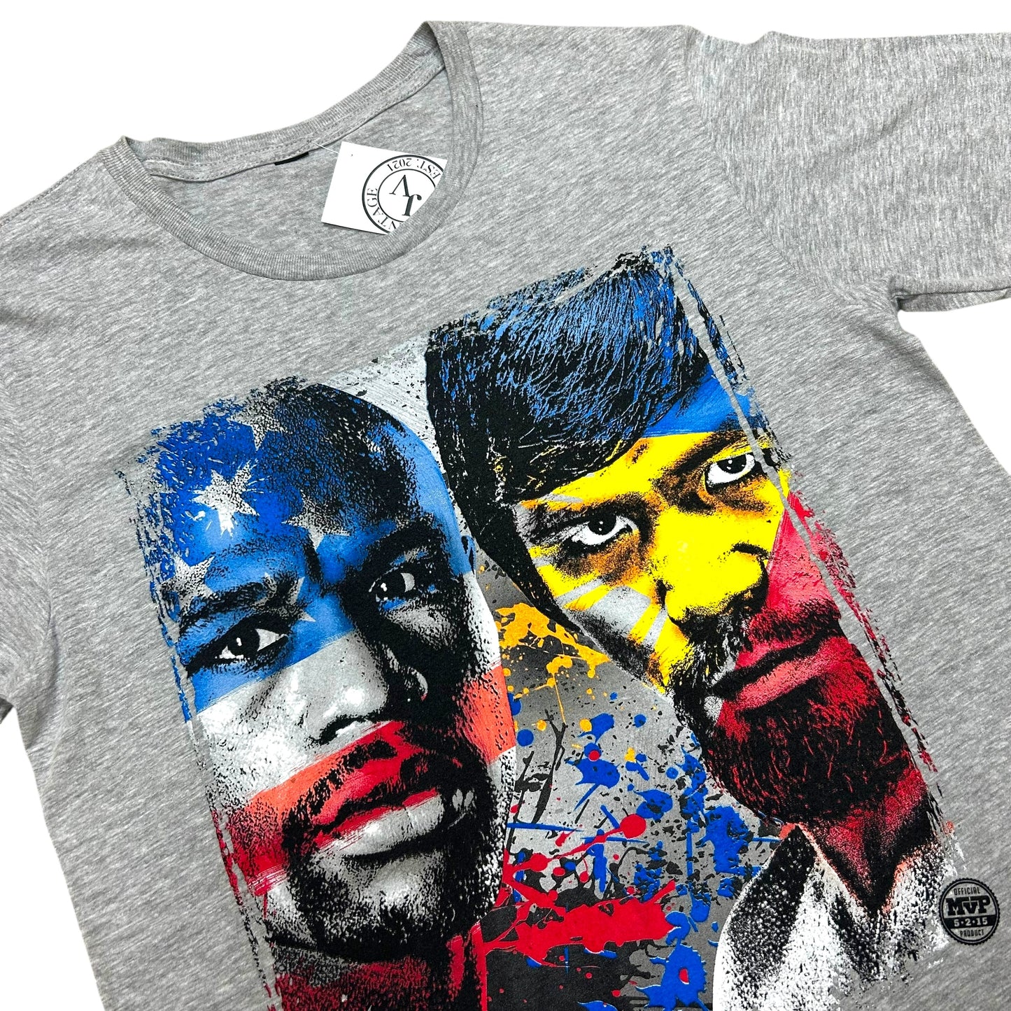 Mid-2010s Mayweather Pacquaio Grey Boxing Graphic T-Shirt - Size Medium