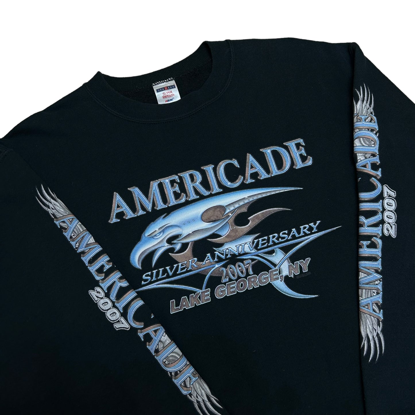 Late 2000s Americade Biker Rally Lake George, NY 2007 Black Crewneck Sweatshirt - Size Medium (Fits
