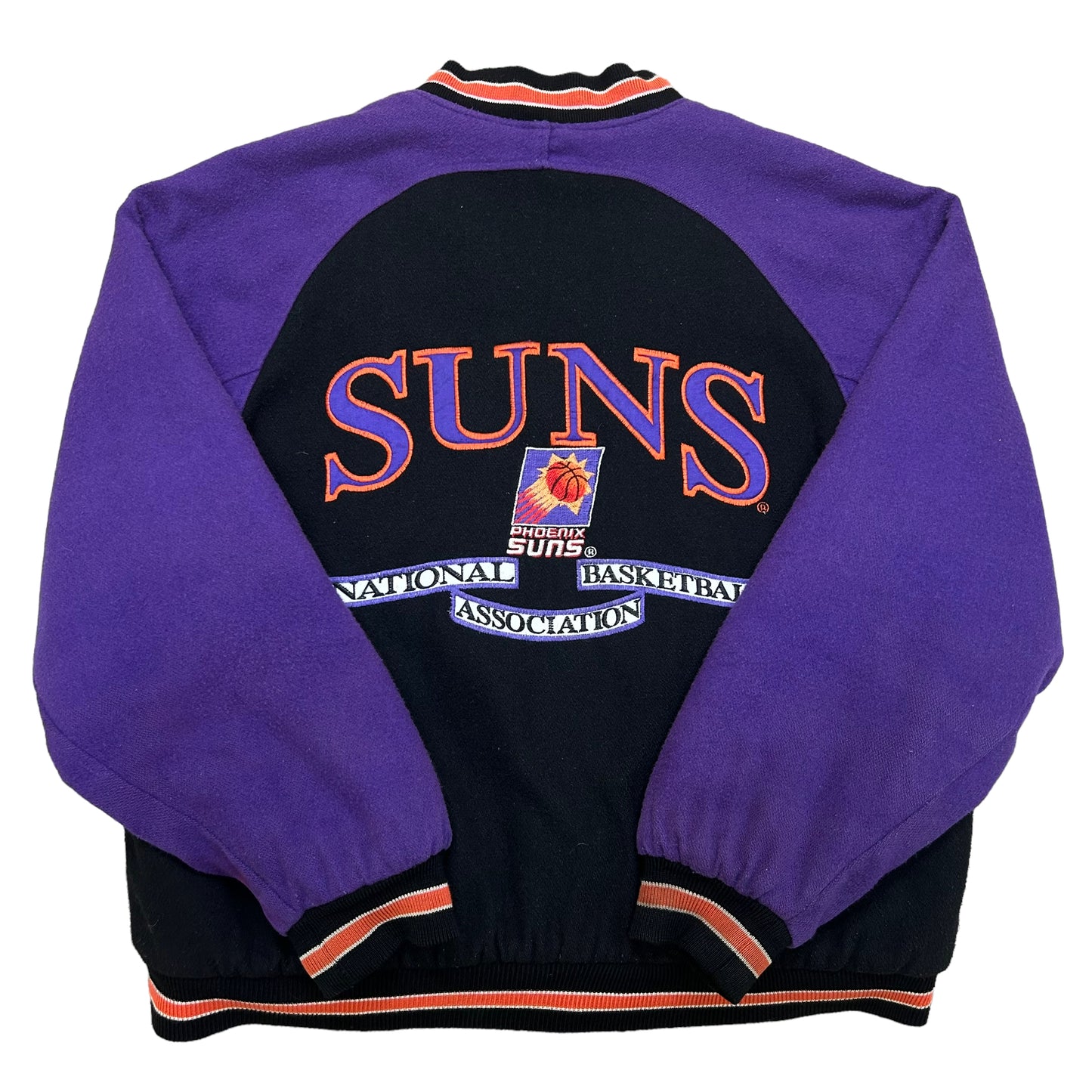 Vintage 1990s Logo Athletic Phoenix Suns Embroidered Logo Black/Purple Wool Varsity Style Jacket - Size Large