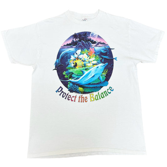Vintage 1990s Aquatic Wildlife “Protect The Balance” White Graphic T-Shirt - Size Large