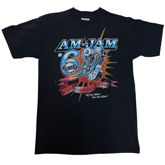 Vintage 1990s Am-Jam Biker Rally Cobleskill, NY Black Graphic T-Shirt - Size Medium
