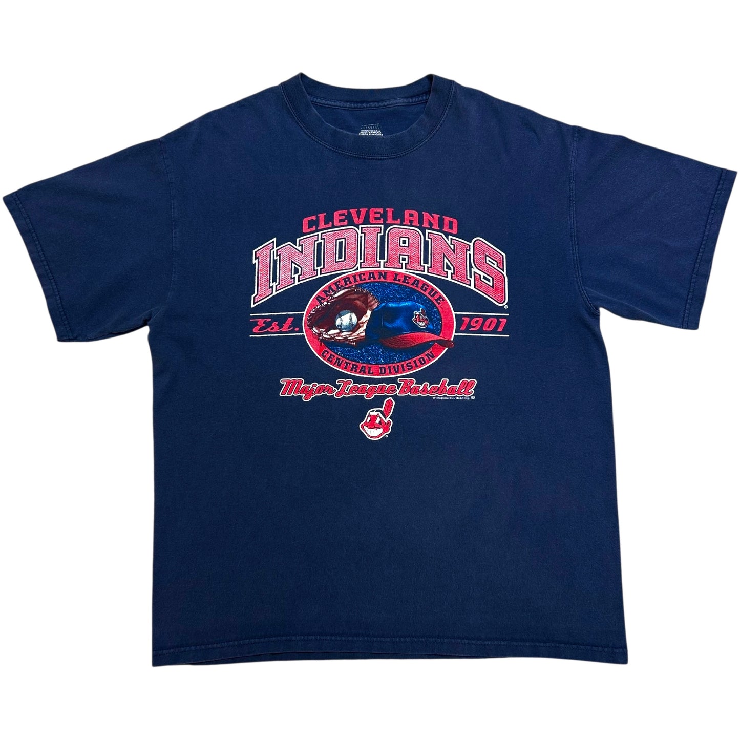 Late 2000s Cleveland Indians Baseball Navy Blue Graphic T-Shirt - Size Large (Boxy Fit)
