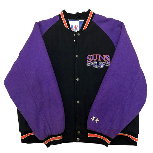 Vintage 1990s Logo Athletic Phoenix Suns Embroidered Logo Black/Purple Wool Varsity Style Jacket - Size Large