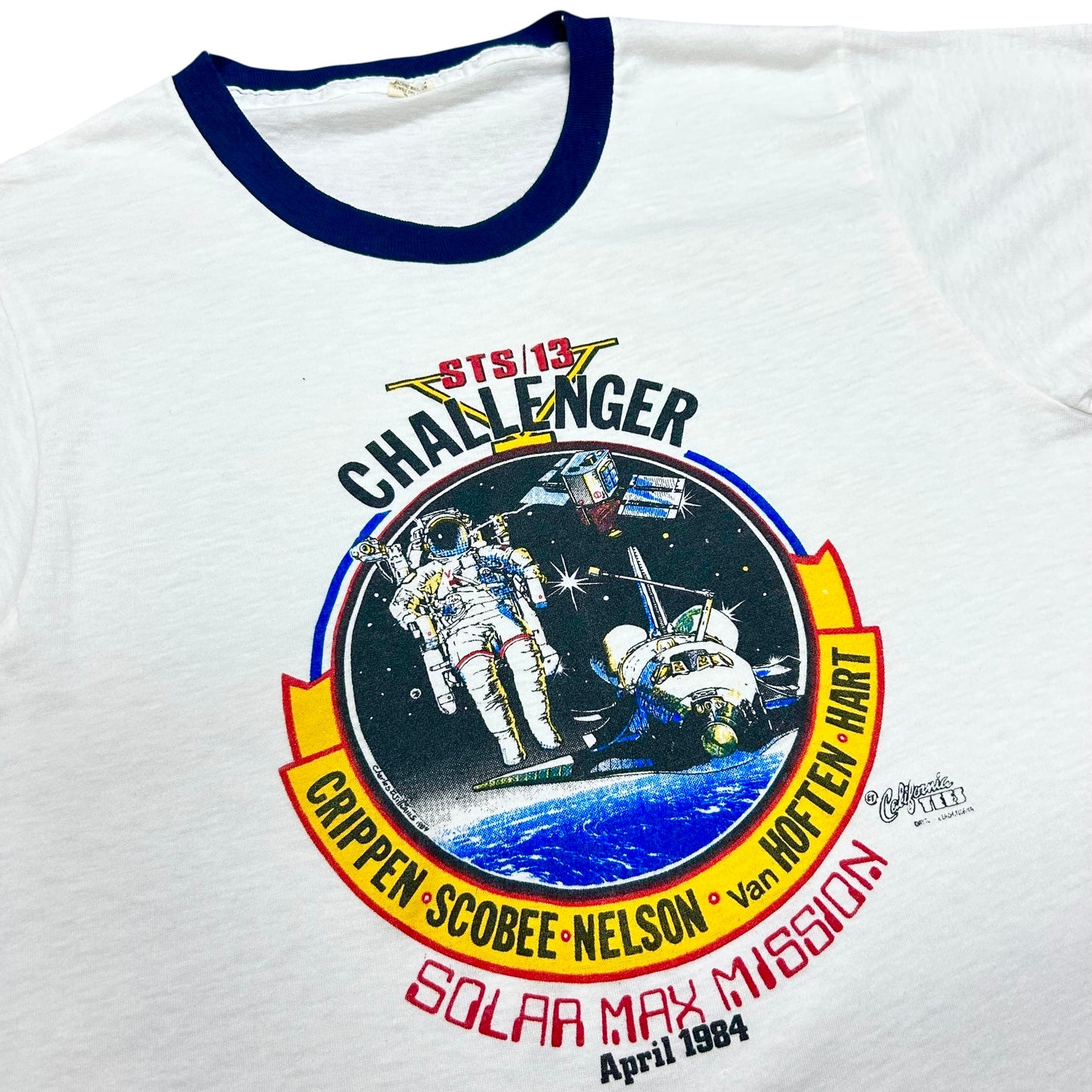 Vintage 1980s Challenger Space Shuttle White Ringer T-Shirt - Size Large