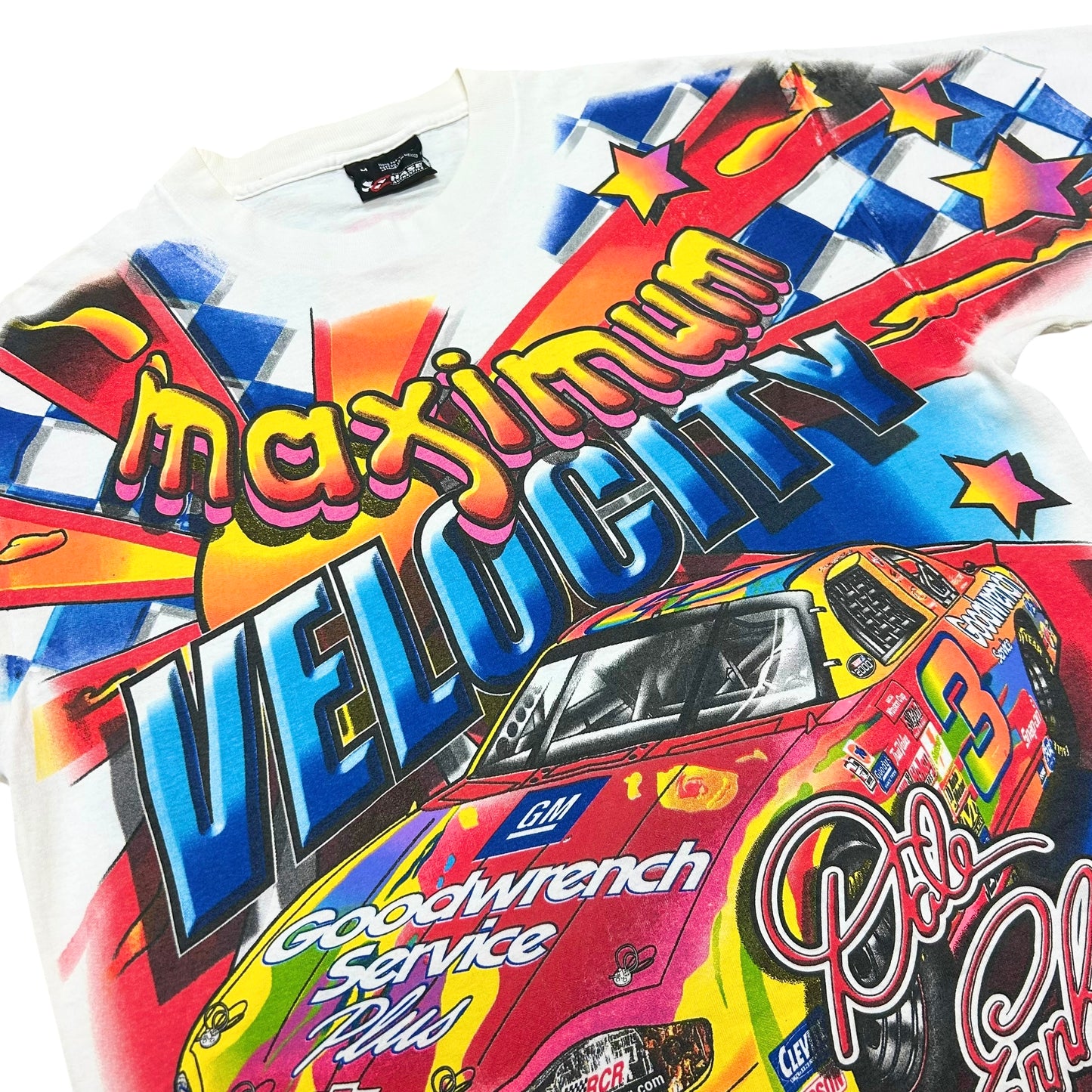 Early 2000s Dale Earnhardt/Peter Max “Maximum Velocity” White All Over Print Graphic T-Shirt - Size Medium (Fits L/XL)