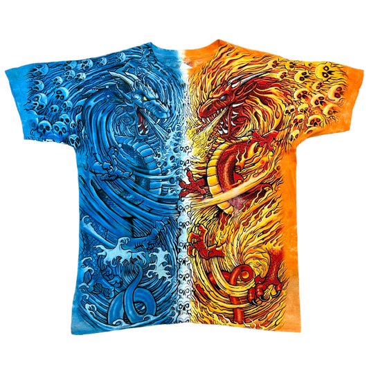 Vintage Y2K Liquid Blue Fire/Ice Dragons Split-Dye All Over Print Graphic T-Shirt - Size XL