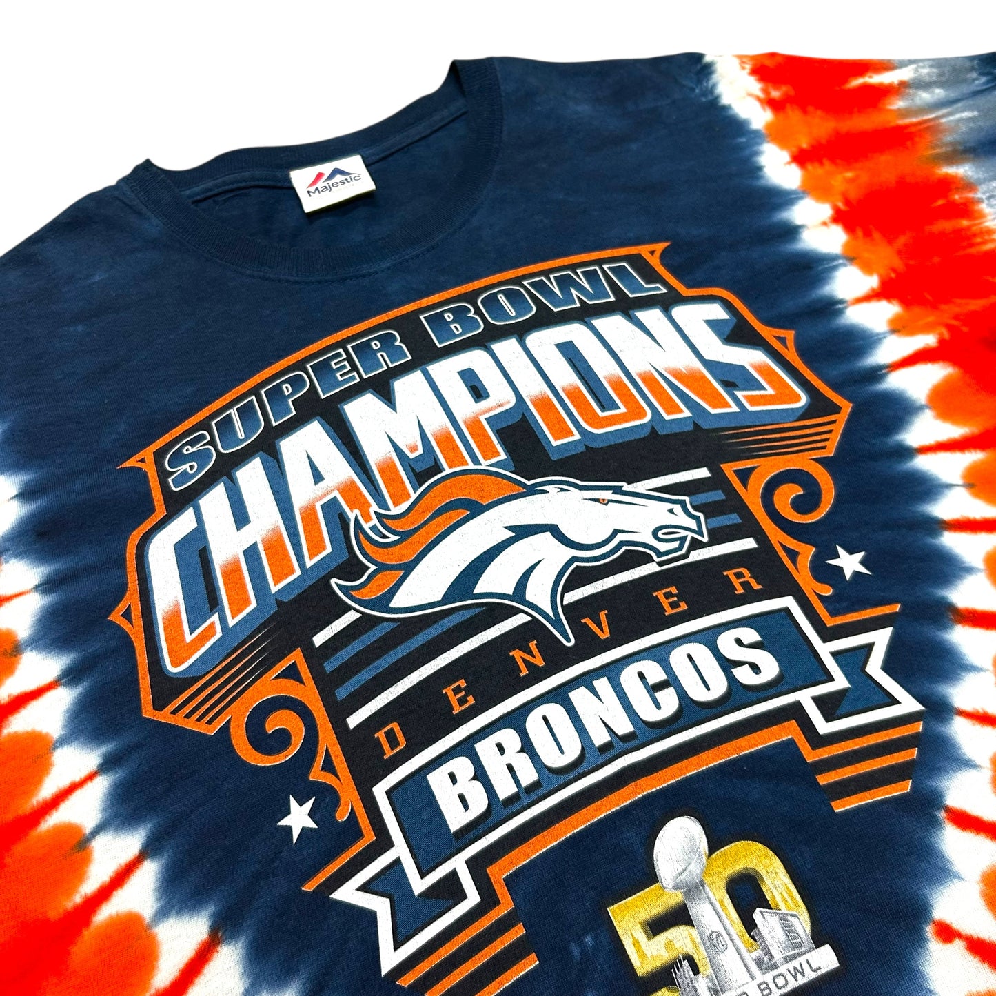 Mid-2010s Majestic Denver Broncos Super Bowl 50 Champions Navy Blue/Orange Tie-Dye Graphic T-Shirt - Size Medium (Fits M/L)
