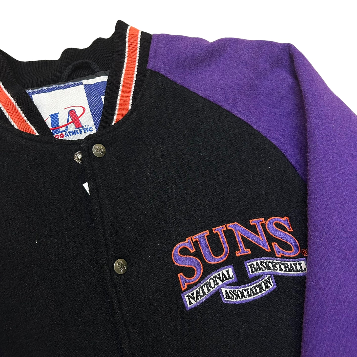 Vintage 1990s Logo Athletic Phoenix Suns Embroidered Logo Black/Purple Wool Varsity Style Jacket - Size Large