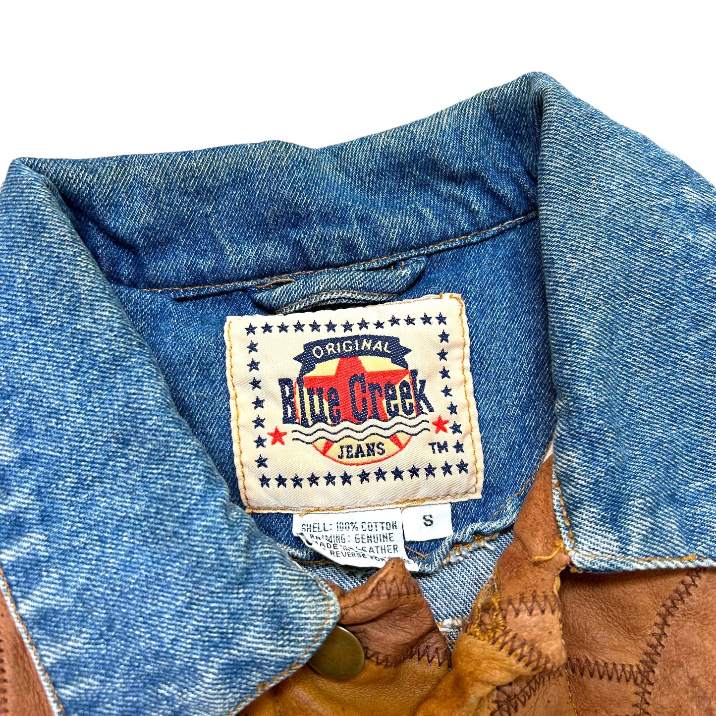 Vintage 1990s Blue Creek Jeans Light Wash Denim/Leather Button Up Jacket - Size Small