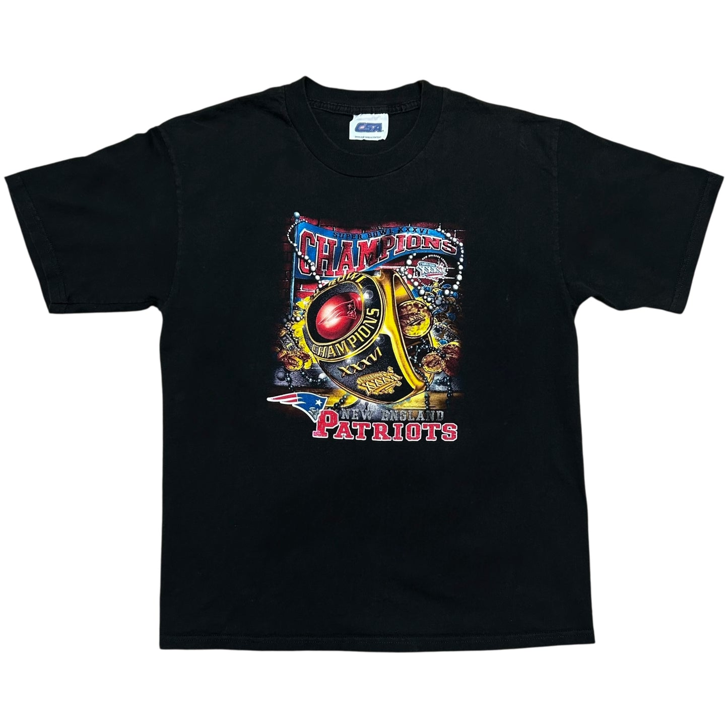 Early 2000s New England Patriots Super Bowl XXXVI (36) Champions Black Graphic T-Shirt - Size Large