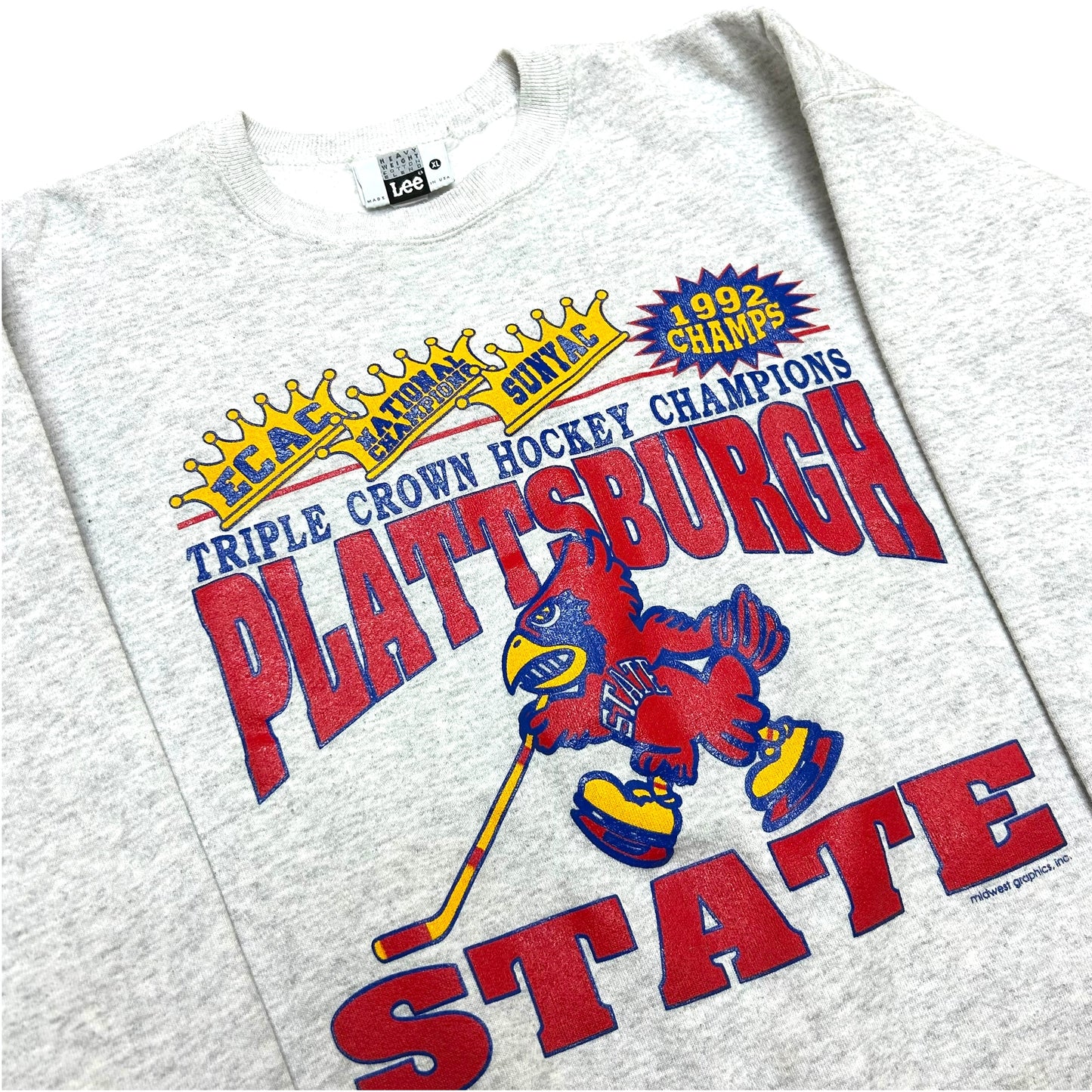 Vintage 1990s Plattsburgh State Hockey Triple Crown Champions Heather Grey Crewneck Sweatshirt - Size XL (Fits M/L)