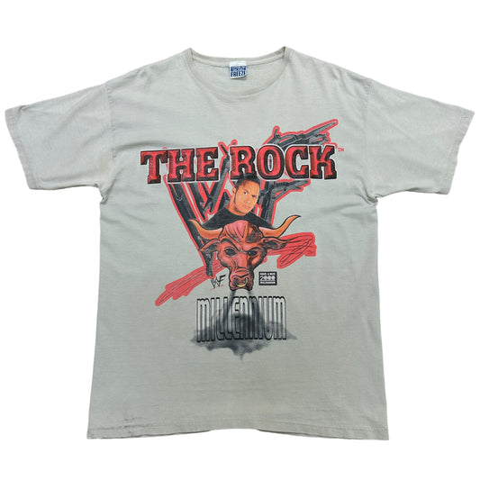 Vintage 1990s WWF The Rock Millennium Tan Graphic T-Shirt - Size XL