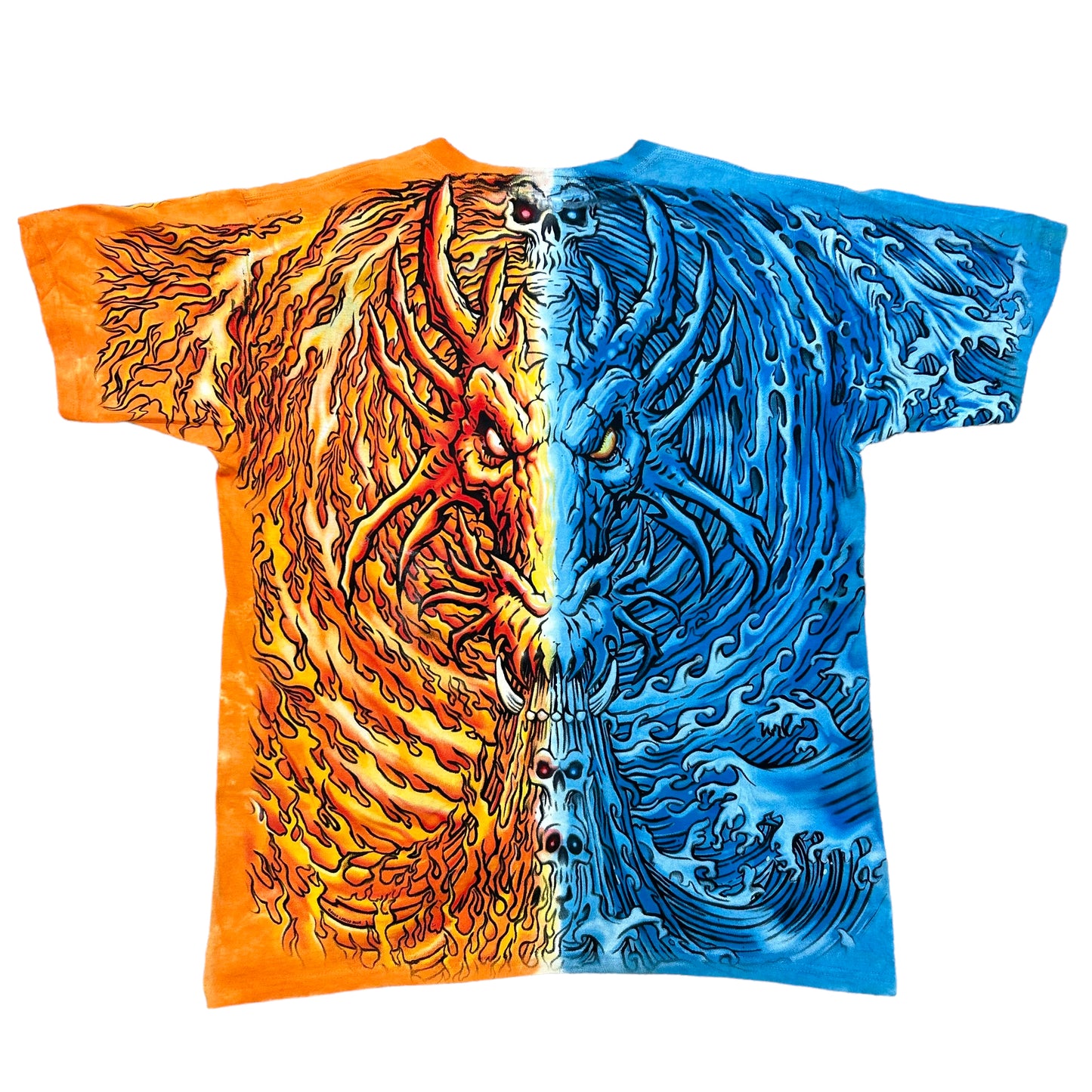 Vintage Y2K Liquid Blue Fire/Ice Dragons Split-Dye All Over Print Graphic T-Shirt - Size XL