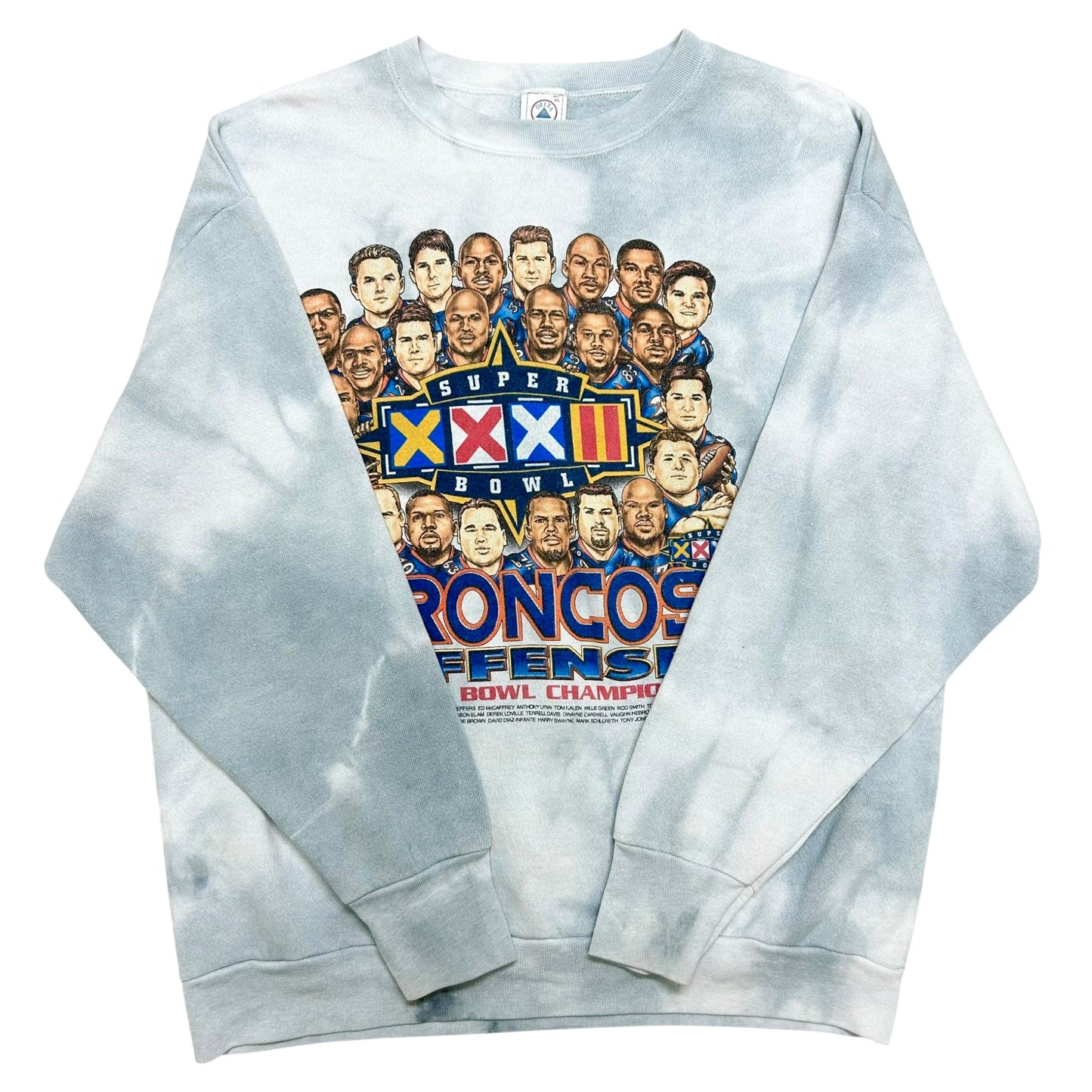Vintage 1990s Denver Broncos Super Bowl XXXII (32) White/Grey Tie-Dye Crewneck Sweatshirt - Size XL