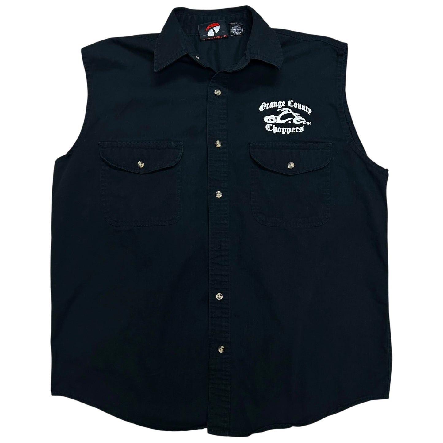 Late 2000s Orange County Choppers Black Embroidered Cut-Off Collared Shirt - Size Medium (Fits M/L)