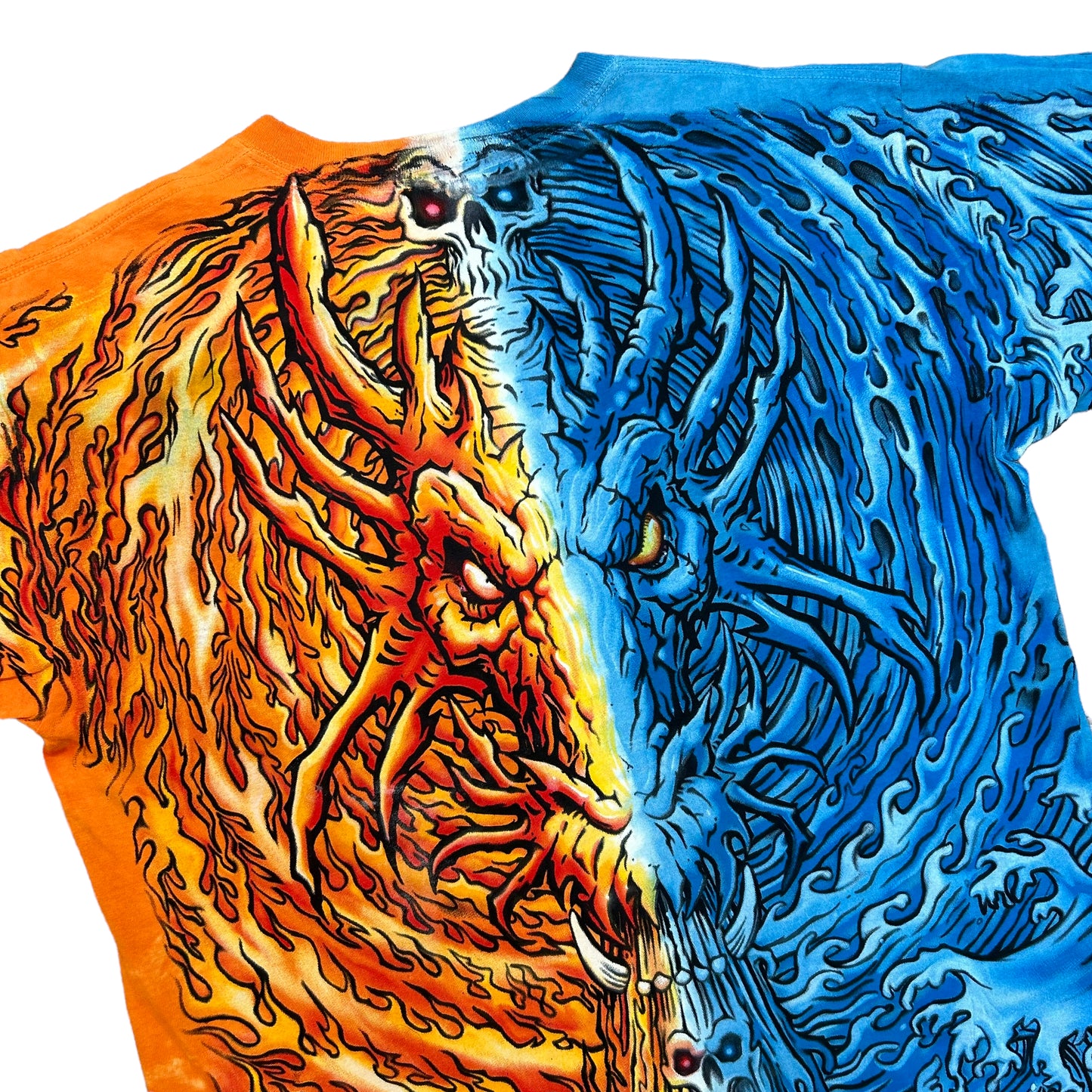 Vintage Y2K Liquid Blue Fire/Ice Dragons Split-Dye All Over Print Graphic T-Shirt - Size XL