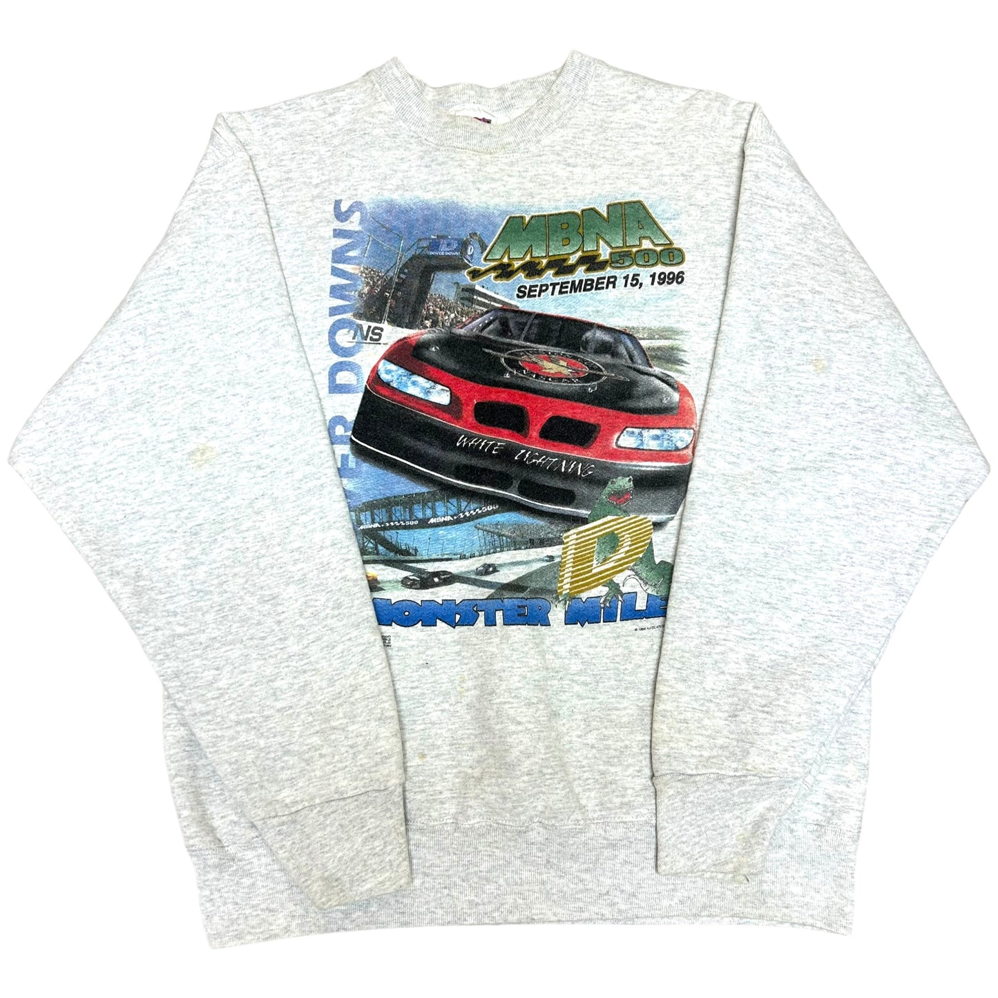 Vintage 1990s NASCAR Dover Downs MBNA 500 Grey Racing Graphic Crewneck Sweatshirt - Size Large