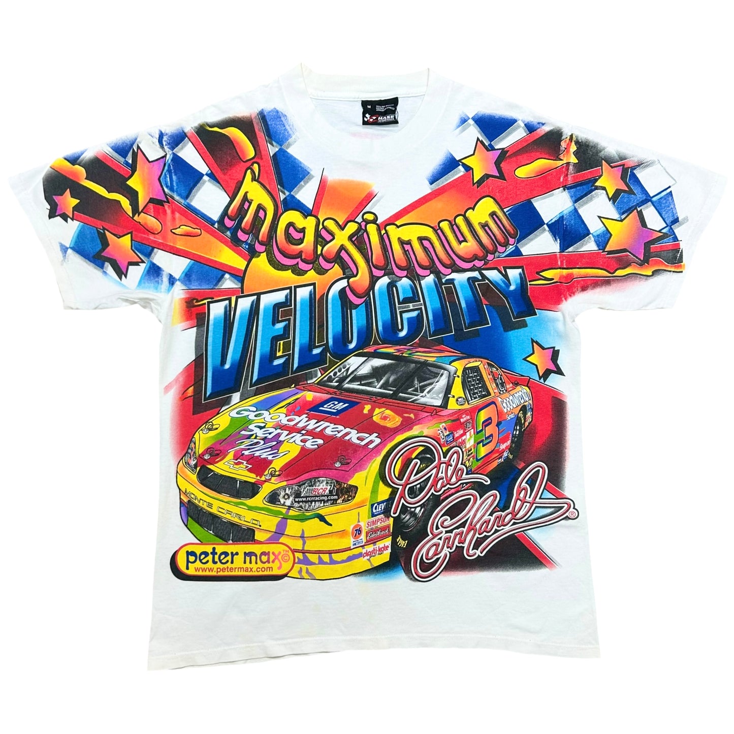 Early 2000s Dale Earnhardt/Peter Max “Maximum Velocity” White All Over Print Graphic T-Shirt - Size Medium (Fits L/XL)