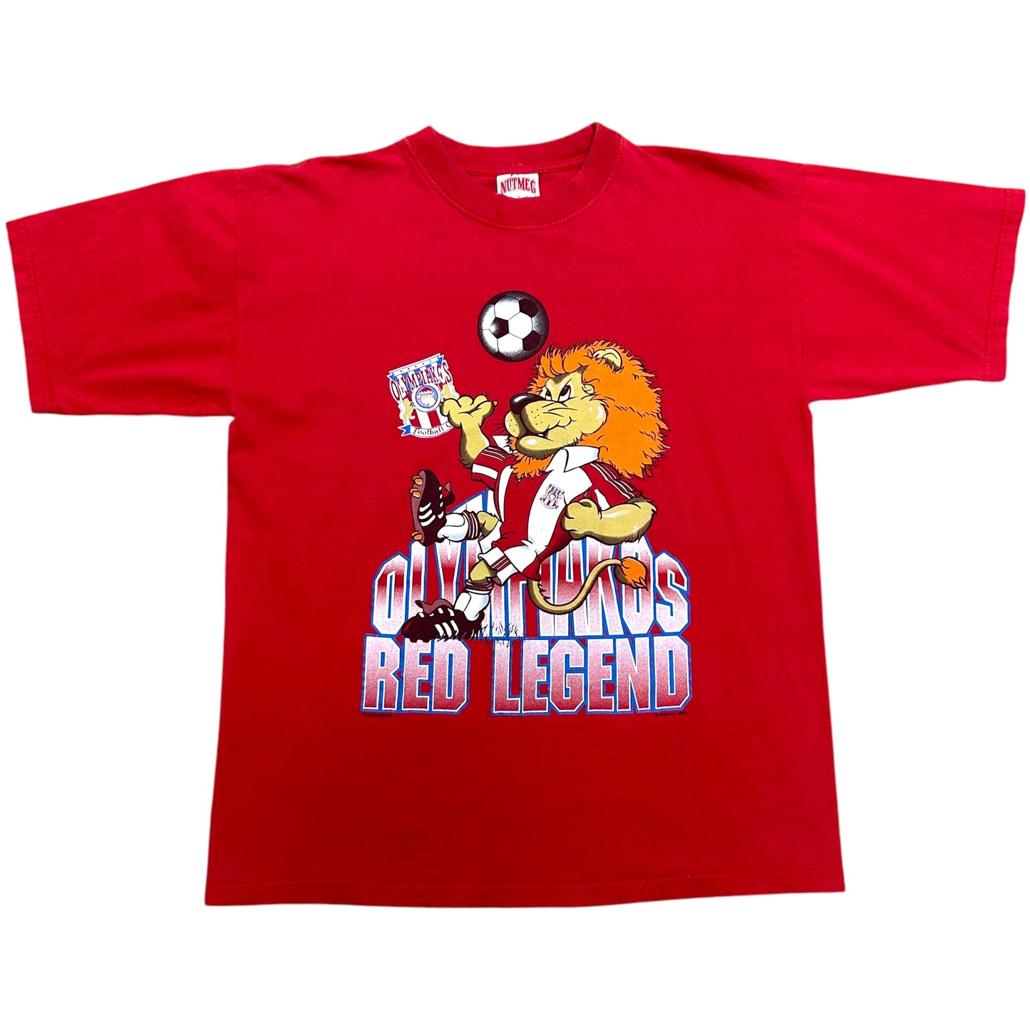 Vintage 1990s Nutmeg Mills Olympiacos Football Club Red Graphic T-Shirt - Size Large