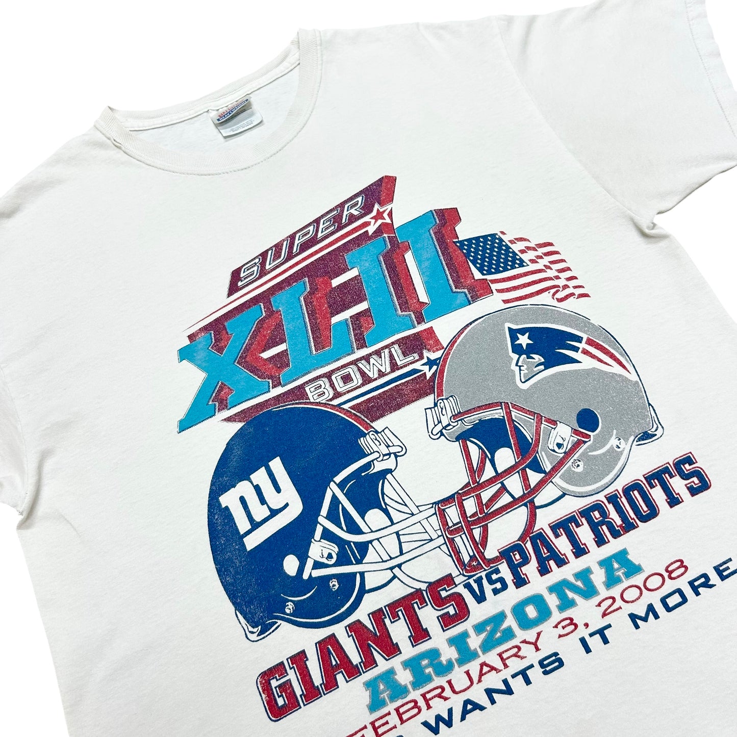 Late 2000s Super Bowl XLII (42) Giants vs. Patriots White Graphic T-Shirt - Size Large