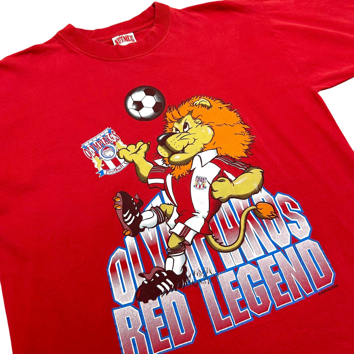Vintage 1990s Nutmeg Mills Olympiacos Football Club Red Graphic T-Shirt - Size Large