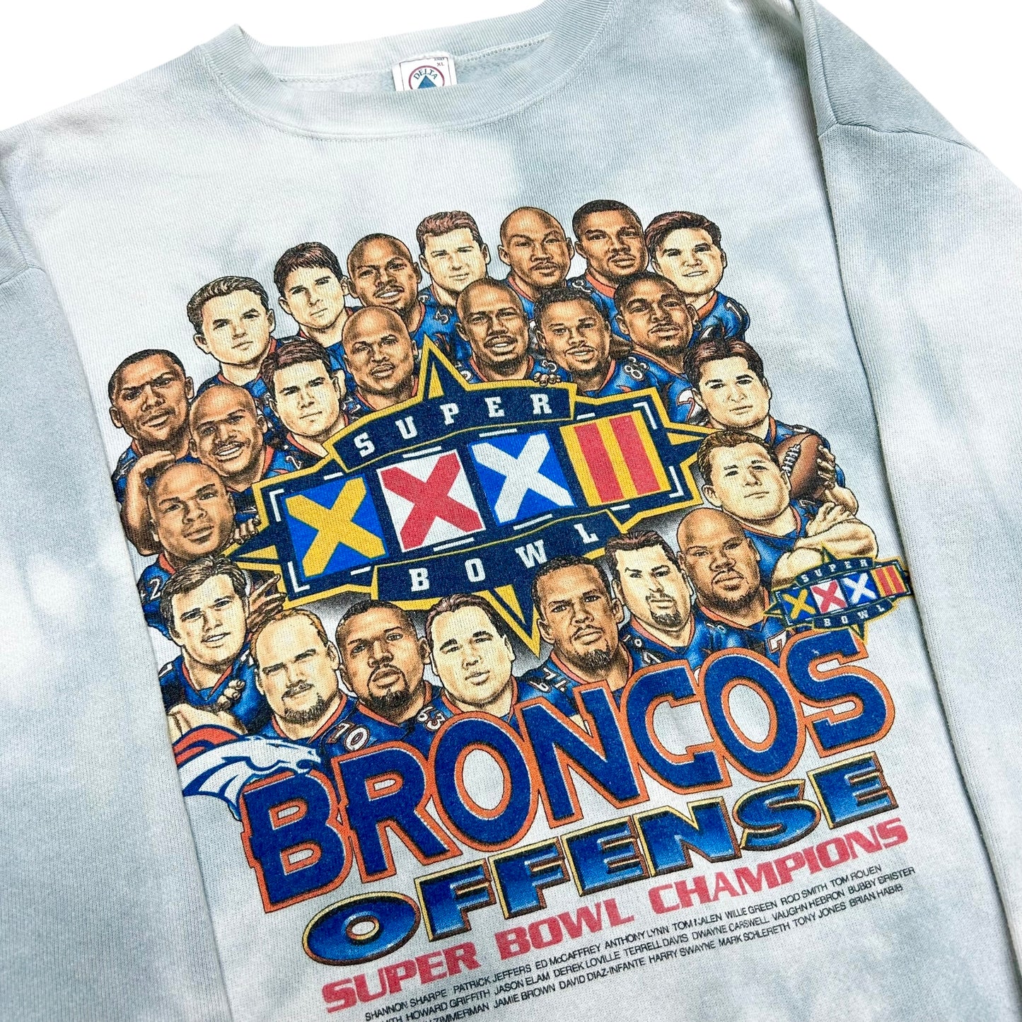 Vintage 1990s Denver Broncos Super Bowl XXXII (32) White/Grey Tie-Dye Crewneck Sweatshirt - Size XL