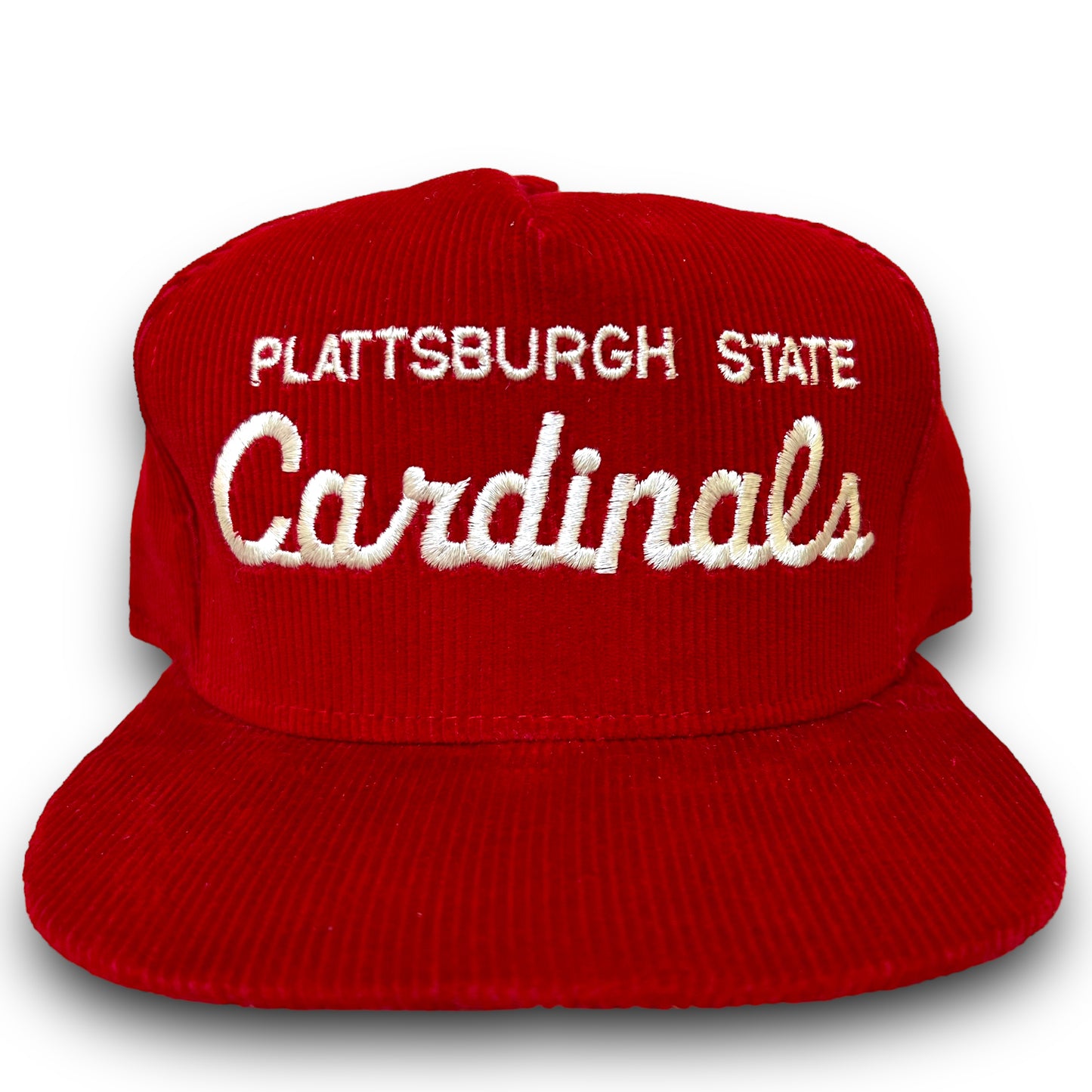 Vintage 1990s Plattsburgh State Cardinals Script Logo Red Corduroy Snapback Hat