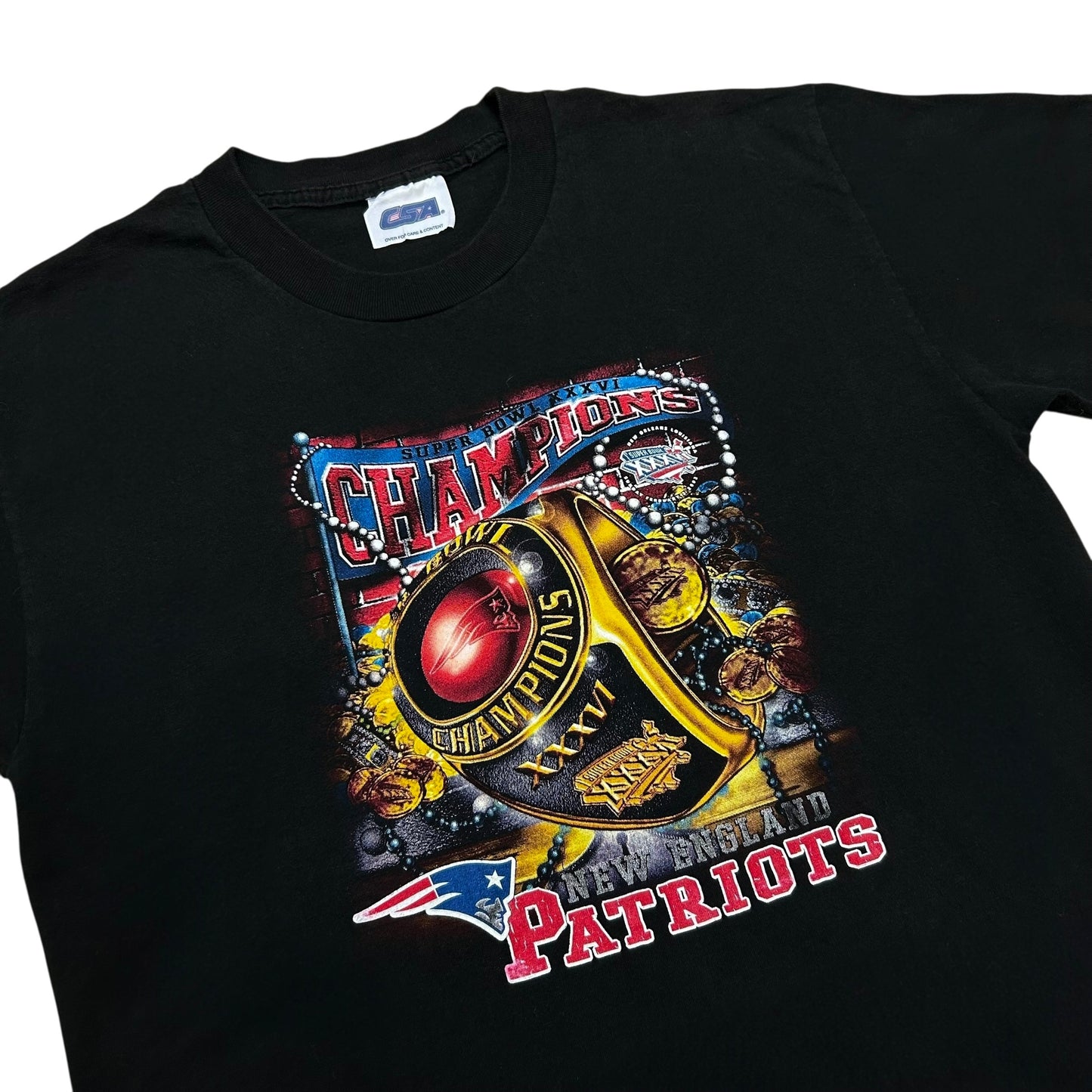 Early 2000s New England Patriots Super Bowl XXXVI (36) Champions Black Graphic T-Shirt - Size Large
