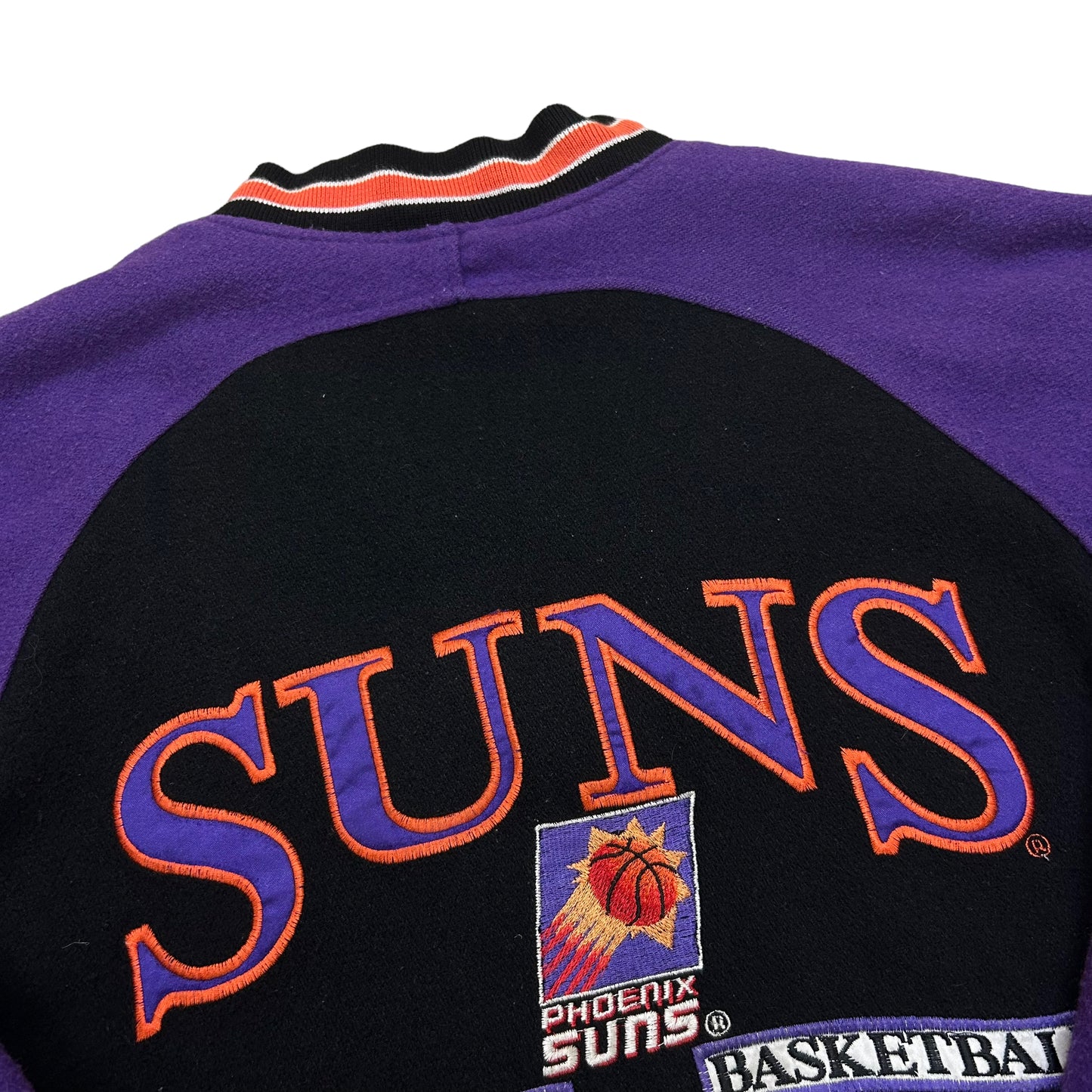 Vintage 1990s Logo Athletic Phoenix Suns Embroidered Logo Black/Purple Wool Varsity Style Jacket - Size Large