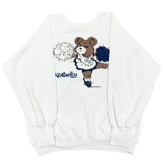 Vintage 1980s University Of Kentucky Cheerleader Bear White Crewneck Sweatshirt - Size Large (Fits Medium)