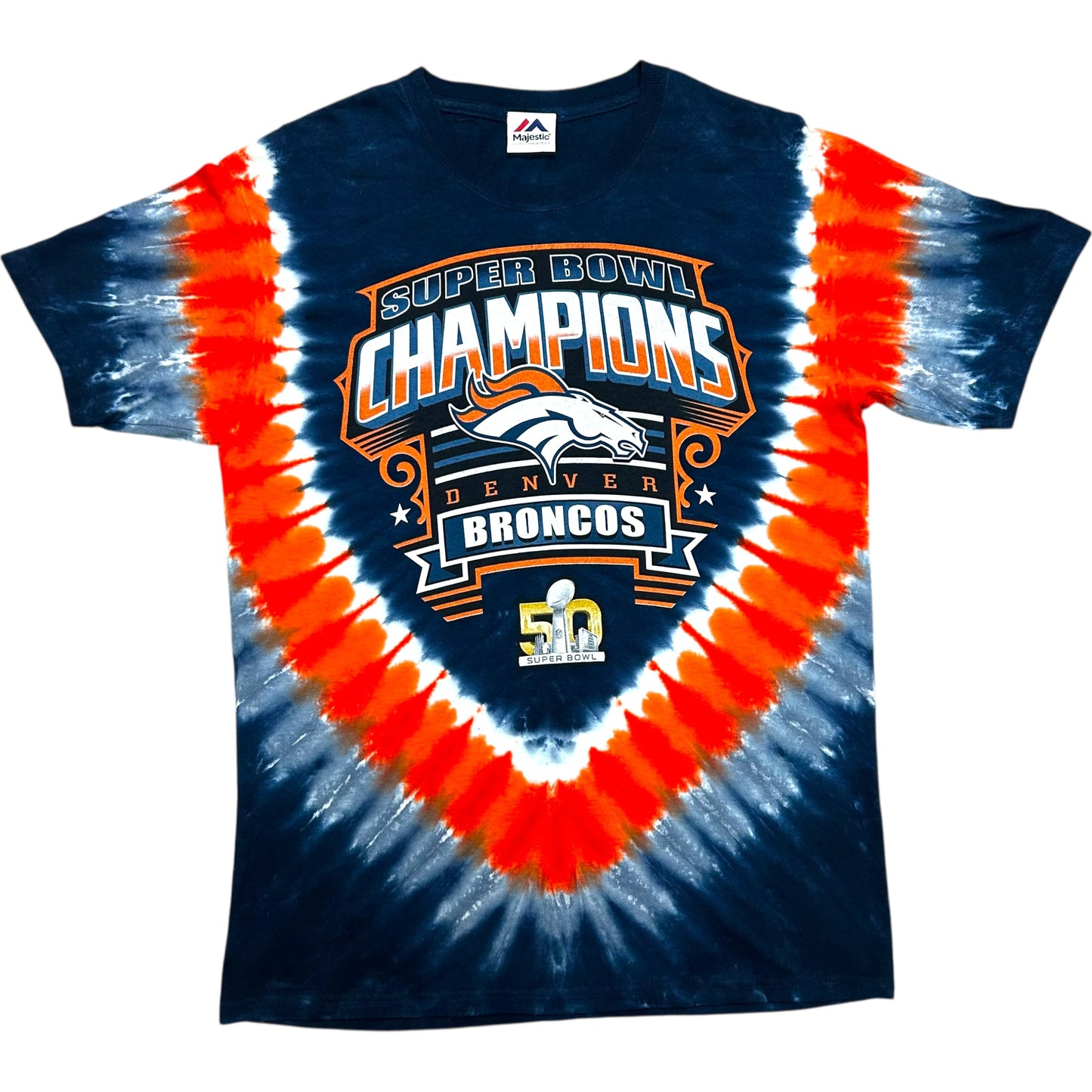 Mid-2010s Majestic Denver Broncos Super Bowl 50 Champions Navy Blue/Orange Tie-Dye Graphic T-Shirt - Size Medium (Fits M/L)