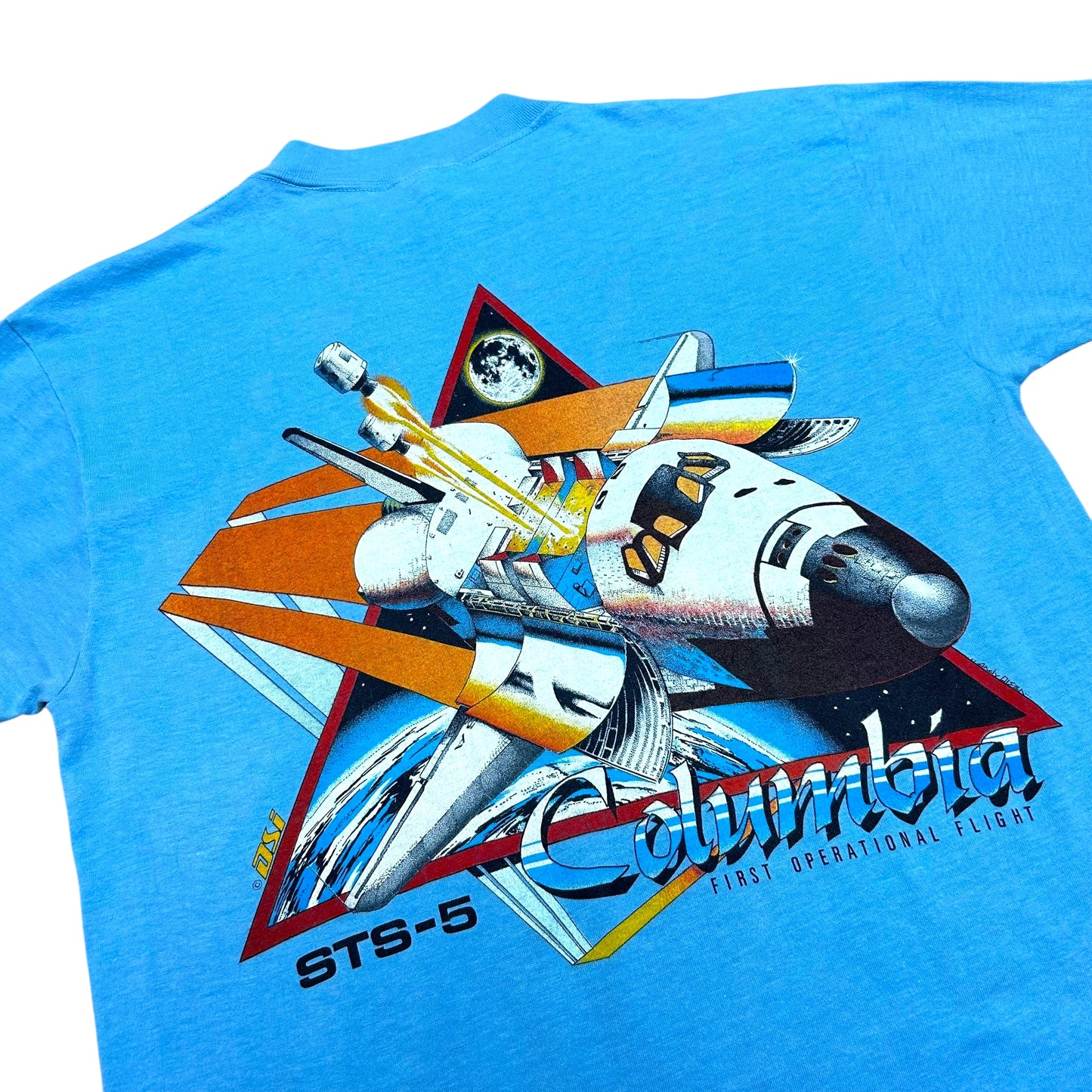 Vintage 1980s Columbia Space Shuttle Blue Graphic T-Shirt - Size Large (Fits Medium)