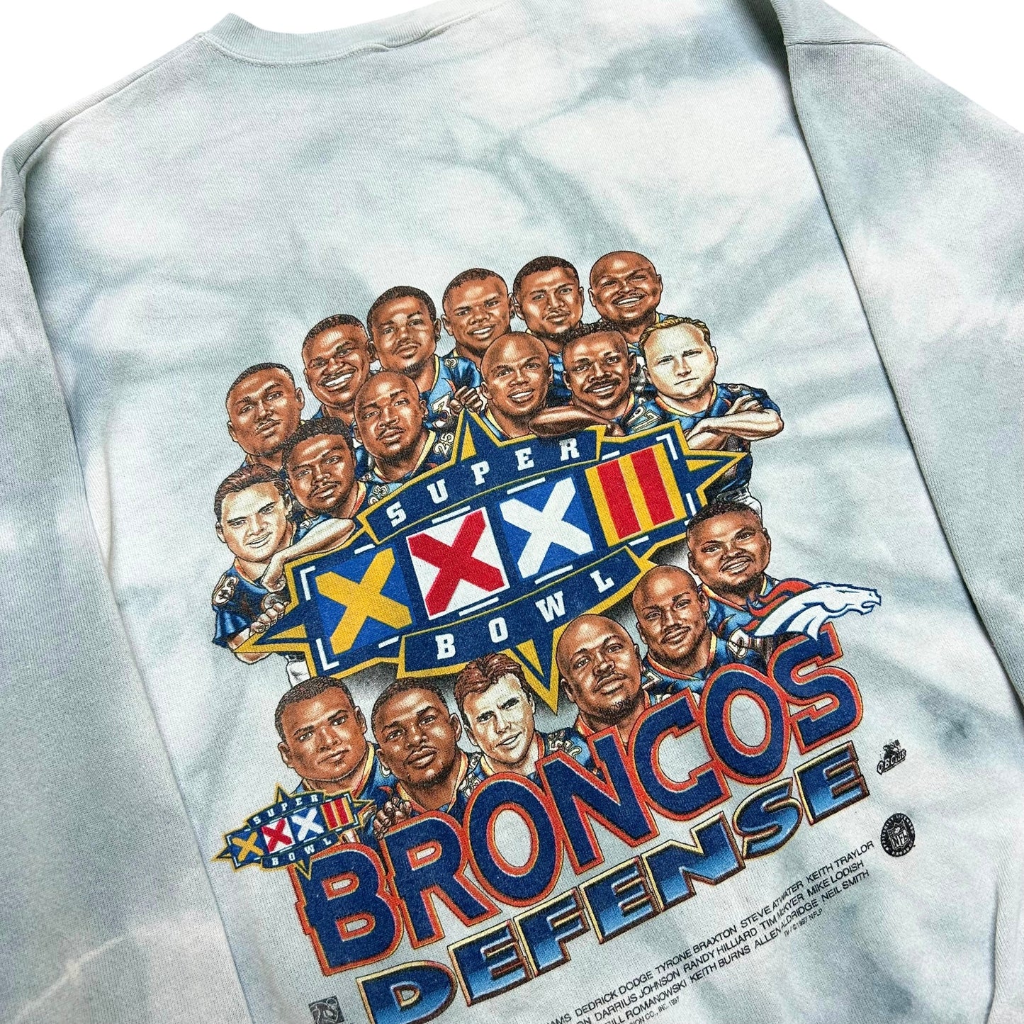 Vintage 1990s Denver Broncos Super Bowl XXXII (32) White/Grey Tie-Dye Crewneck Sweatshirt - Size XL