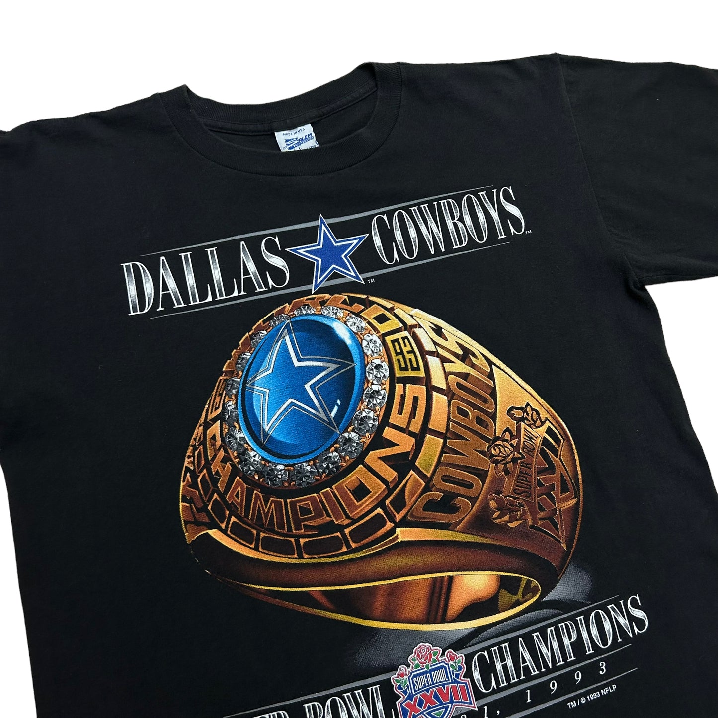 Vintage 1990s Dallas Cowboys Super Bowl XXVII Championship Ring Black Graphic T-Shirt - Size Large