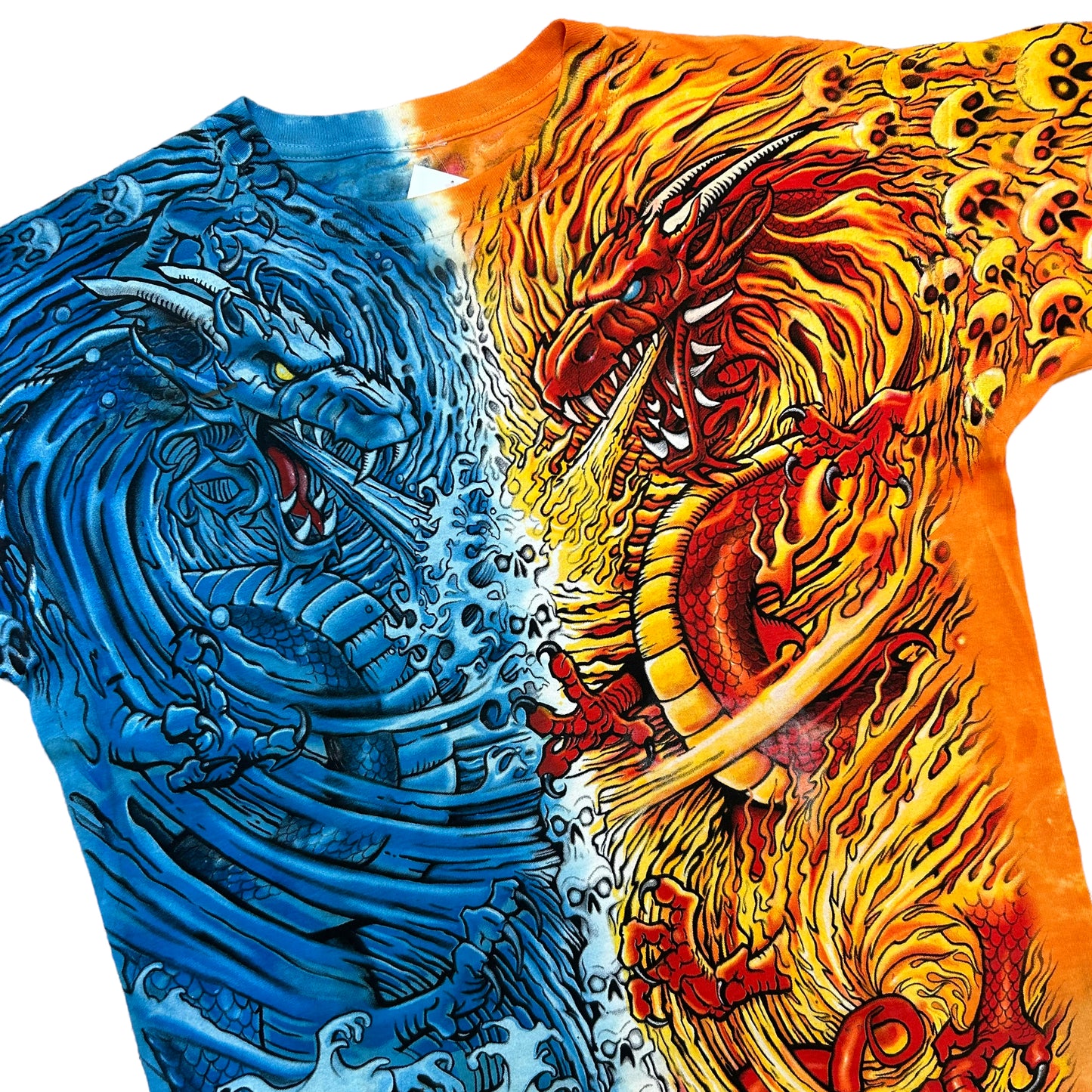 Vintage Y2K Liquid Blue Fire/Ice Dragons Split-Dye All Over Print Graphic T-Shirt - Size XL