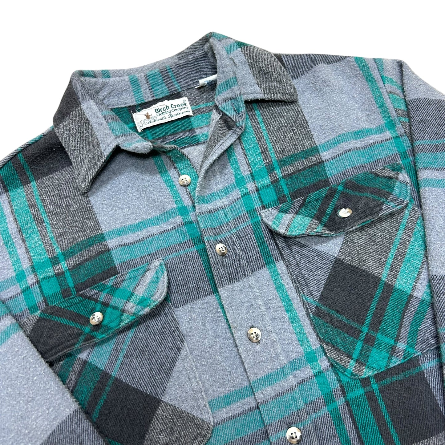 Vintage 1990s Birch Creek Clothing Company Grey/Teal Flannel Shirt - Size Large