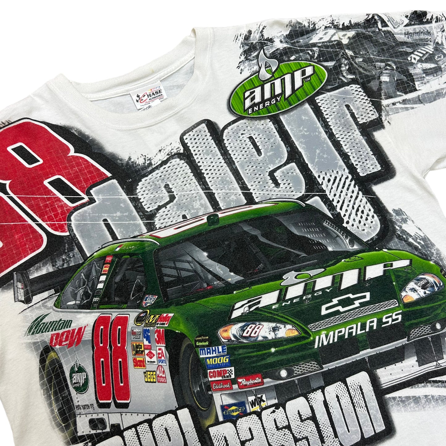 Y2K Dale Earnhardt Jr Amp Energy “Fuel Your Passion” NASCAR Racing White All Over Print Graphic T-Shirt - Size XL (Boxy Fit)