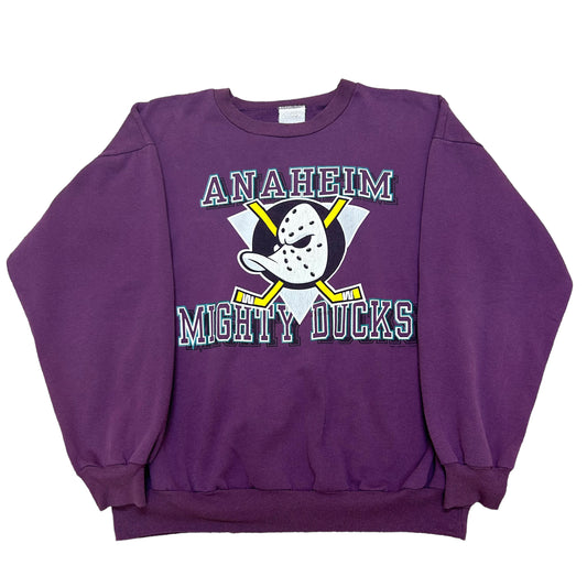 Vintage 1990s Anaheim Mighty Ducks Spell Out Logo Purple Crewneck Sweatshirt - Size Large