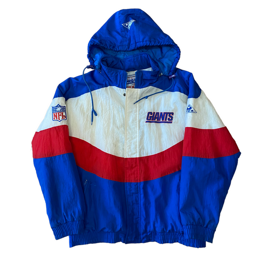 Vintage 1990s New York Giants Apex One Wave Style Red/White/Blue Hooded Puffer Jacket - Size Large